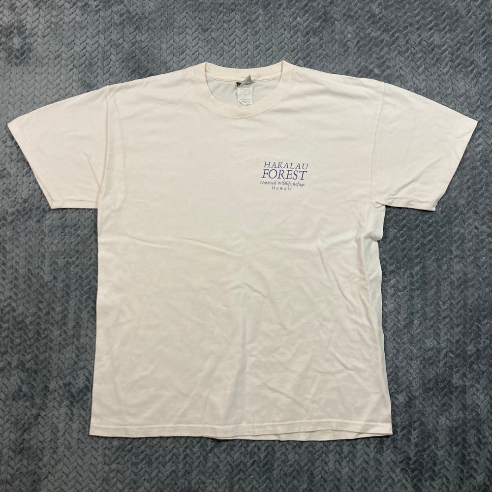 Hanes T-Shirt Men L Beefy-T Hakalau Forest Hawaii Bird Graphic Cream Vintage USA